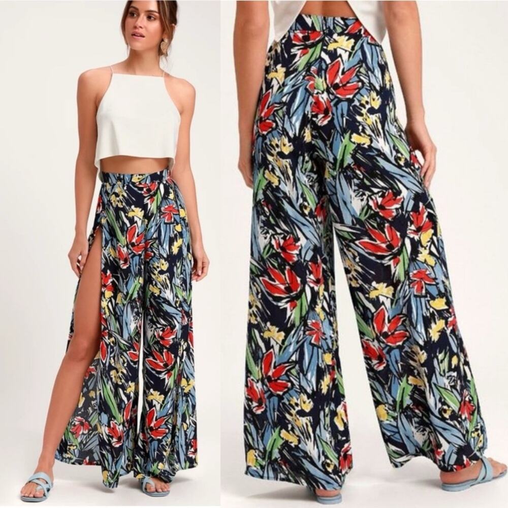 Lulu's Navy Floral Wide Leg Split Pants with Red & Yellow Blooms